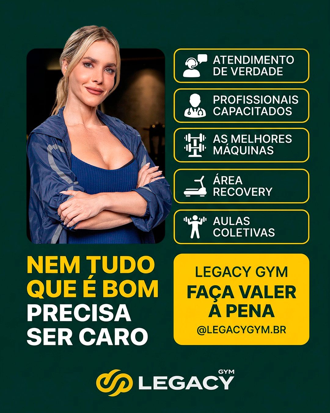 Diferenciais Legacy Gym: atendimento, profissionais, máquinas, recovery e aulas
